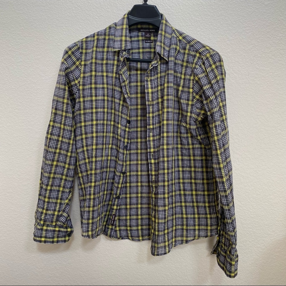 Michael Kors Black and Yellow Plaid Button Down Shirt